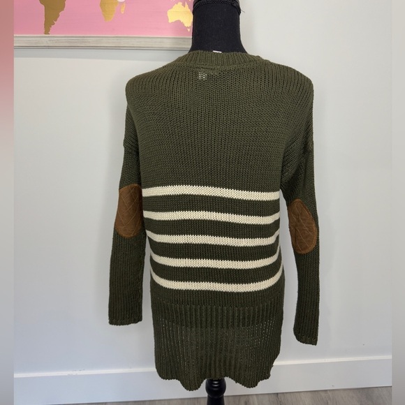 Alya Olive Green Elbow Patch Stripe Knit High-Lo Women’s Sweater (S) - Picture 5 of 7